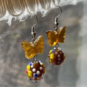Handcrafted OOAK Beaded Butterfly Floral Pierced Dangle Earrings